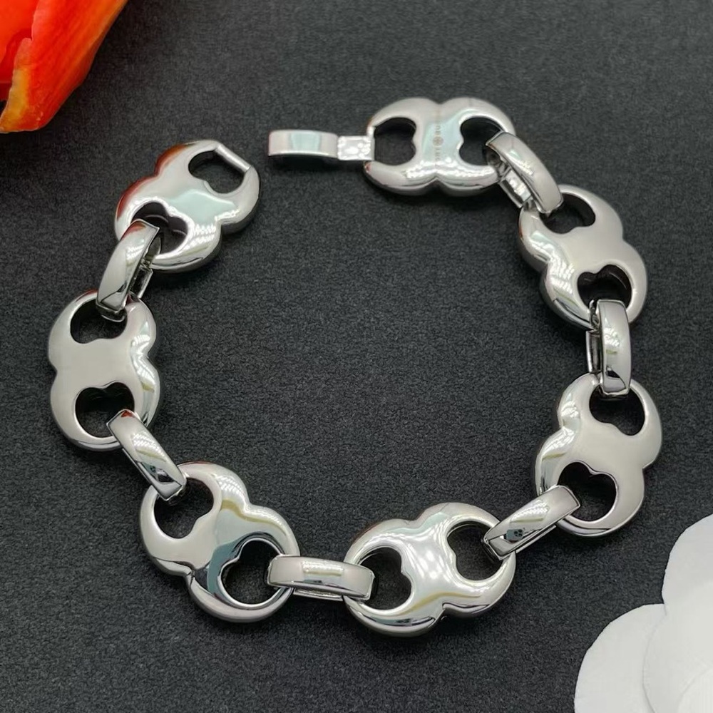 Tory Burch Polished Silver-Link Logo Bracelet